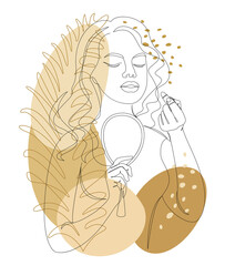 Silhouette of a lady. A woman does makeup, paints her lips with lipstick in a modern one line style and leaves of a plant. Solid line sketches for decor, posters, stickers, logo. Vector illustration.