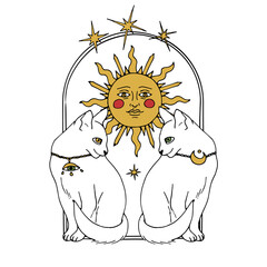 Vintage Gold and Black Mystic Cats and sunshine with female face inside arch Illustration