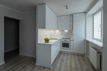Modern interior of renovated studio apartment without furniture. White kitchen with sink, fridge and oven. Apples in bowl.