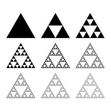 Evolution of the Sierpinski triangle. Steps constructing mathematical geometric endless fractal Sierpinski gasket. Pyramid with an infinite pattern isolated on white