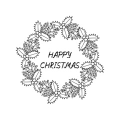 Monochrome Line Art Christmas Wreath clipart, decorated spruce green branches. Isolated on white background