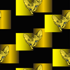 Head Sphinx cat and gold geometric asymmetrical square figure seamless pattern sketch graphics on black background. Golden pattern. Prints for clothes, T-shirts. Vector
