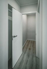Modern bright interior of hall in luxury apartment. White walls. Beige parquet floor.