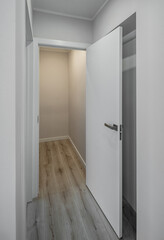 Contemporary apartment of entrance hall in modern flat. White walls. Parquet floor.