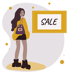 fashionable girl model. Discount sign. Vector illustration.