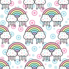 Pastel rainbows pattern background. Colorful Cute rainbows, stars, clouds pattern background. Seamless Vector illustration. Wrapping paper.