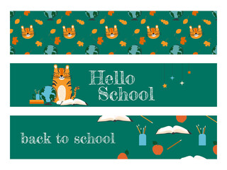 Set of horizontal ribbons back to school for kids with cute tiger character and school supplies. Cartoon vector banners for first graders.
