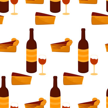 Seamless alcoholic pattern with a glass bottle, a glass of red wine and a piece of cake. Cartoon vector food and spirits background