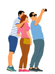 Selfie teenagers tourists taking picture on vacation vector illustration isolated on white background. Taking selfie with mobile phone. Friends couple traveler fun. Happy students crew on destination.