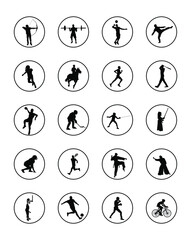 Sport man vector silhouette collection in different sport discipline. Big set active sport people illustration. Athlete skills. Health care training, work out in gym. Ball sports, fight, individual...