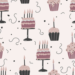 Birthday cream cakes, garlands flat vector seamless pattern. Hand drawn background for a party, holiday