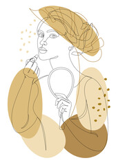 Silhouette of a lady. A woman does makeup, paints her lips with lipstick in a modern one line style and leaves of a plant. Solid line sketches for decor, posters, stickers, logo. Vector illustration.