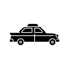 Retro taxi car black glyph icon. Taxicab vehicle. Chauffeur-driven transportation. Checker taxi. Vintage looking car. Classic old model. Silhouette symbol on white space. Vector isolated illustration