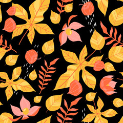 Autumn seamless pattern with yellow and red leaves, physalis and decorative elements