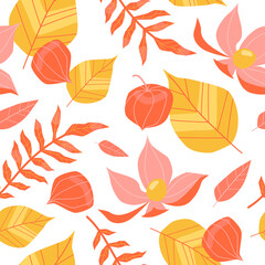 Seamless pattern with physalis and leaves on a white background.