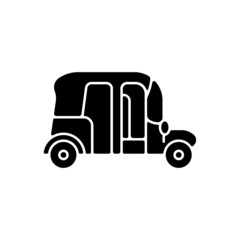 Auto rickshaw black glyph icon. Three-wheeler taxi. Passenger car equivalent. Urban transport. Thailand tuk-tuk. Motorized vehicle. Silhouette symbol on white space. Vector isolated illustration