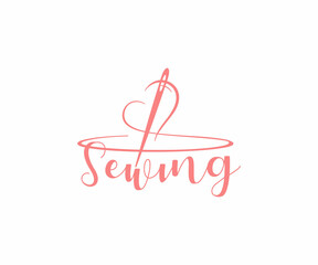 Fashion clothing boutique logo design. Clothes hanger with heart and and threading needle vector design. Tailor accessories for handmade needlework logotype