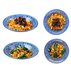 Isolated japanese vegan noodles yakisoba and fried tofu collage