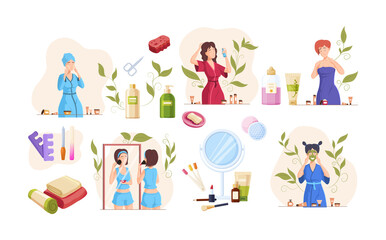 Set woman cares her skin cleansing treatment procedures for face and body applying skincare products