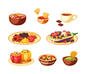 Traditional Mexican cuisine food set. National Mexico dish with meat, hot peppers, avocado, spices, tacos, burritos and tequila. Gourmet fresh serving meal, icons carnival Cinco de mayo