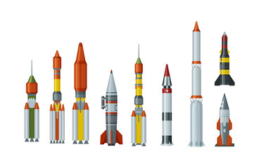Military missilery rocket of different types set. Army engine weapon flying in air and ballistic nuclear bomb warhead.