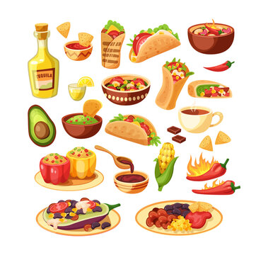Traditional Mexican cuisine food set. National Mexico dish with meat, hot peppers, avocado, spices, tacos, burritos and tequila. Gourmet fresh serving meal, icons carnival Cinco de mayo