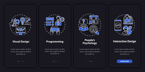 Product design onboarding mobile app page screen. People psychology walkthrough 4 steps graphic instructions with concepts. UI, UX, GUI vector template with linear night mode illustrations