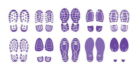 Human shoes blue footprint set. Shoe soles print of tread, boots, sneakers, footgear on heels