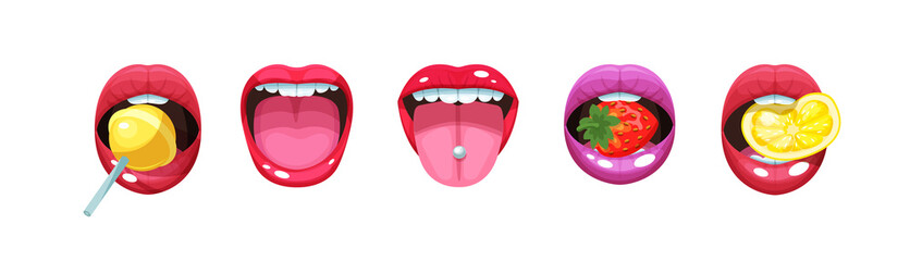 Female open mouth with fruit and sweet set. Woman red lipstick lips with tongue piercing and teeth