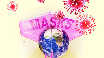 Covid masks - corona virus attacking Earth that is protected by an umbrella with English word masks as a symbol of a human fight with coronavirus pandemic and upcoming victory, 3d illustration