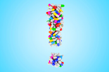 Exclamation mark from medical bottles with drugs. 3D rendering