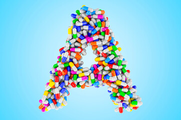 Letter A from medicine capsules, pills. 3D rendering