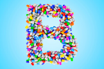 Letter B from medicine capsules, pills. 3D rendering