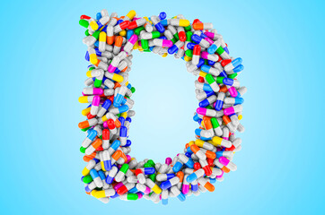 Letter D from medicine capsules, pills. 3D rendering