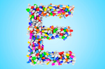 Letter E from medicine capsules, pills. 3D rendering