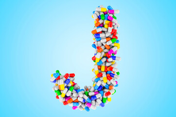 Letter J from medicine capsules, pills. 3D rendering