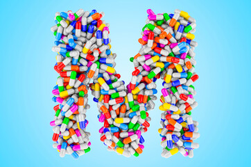 Letter M from medicine capsules, pills. 3D rendering