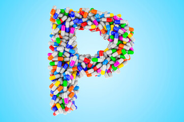 Letter P from medicine capsules, pills. 3D rendering