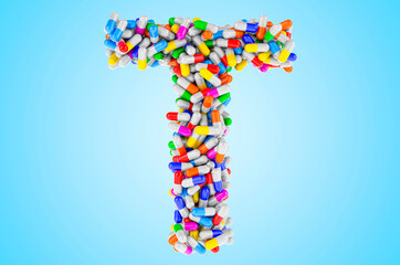 Letter T from medicine capsules, pills. 3D rendering
