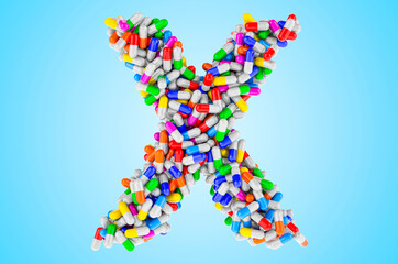 Letter X from medicine capsules, pills. 3D rendering