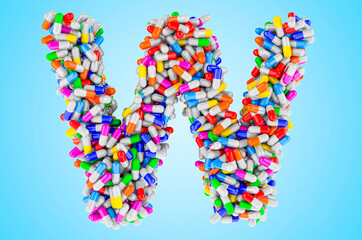 Letter W from medicine capsules, pills. 3D rendering