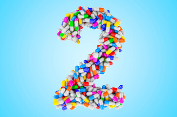 Number 2 from medicine capsules, pills. 3D rendering