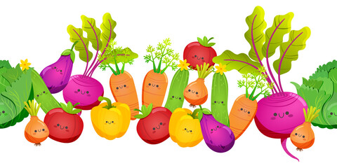 Seamless vegetable border.  Beets, carrots, cucumber, tomato, onion, eggplant, cabbage, pepper.  Vector images.