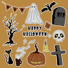 set of stickers on the theme of Halloween in retro style. Vector illustration.