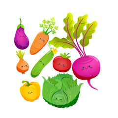 Set of vegetables.  Beets, carrots, cucumber, tomato, onion, eggplant, cabbage, pepper.  Vector isolated images.