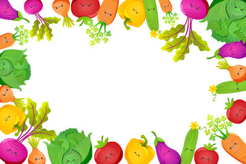 Rectangular vegetable frame template.  Beets, carrots, cucumber, tomato, onion, eggplant, cabbage, pepper. Vegetables banner. Vector images.