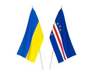 National fabric flags of Ukraine and Republic of Cabo Verde isolated on white background. 3d rendering illustration.