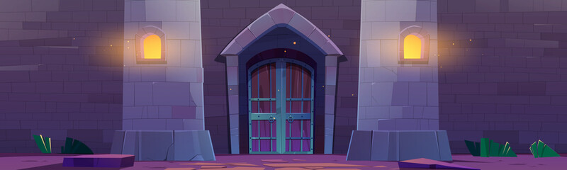 Obraz premium Medieval castle gate at night, palace entry exterior arched door, fortress towers and light in vents. Architecture wall of stone bricks, fairytale dungeon building facade, Cartoon vector illustration