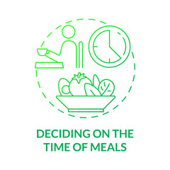 Deciding on time of meals green gradient concept icon. Eating schedule abstract idea thin line illustration. Meal planning. Regular eating. Time for breakfast. Vector isolated outline color drawing