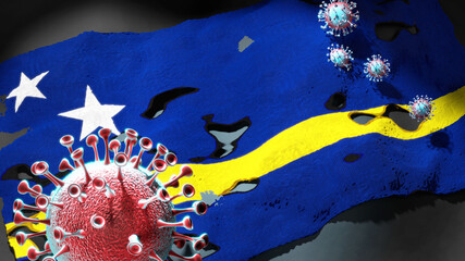 Covid in Curacao - coronavirus attacking a national flag of Curacao as a symbol of a fight and struggle with the virus pandemic in Curacao, 3d illustration